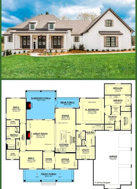 Tranquil Office, Porch Shelter, Built In Lockers, French Country Home, Garage Floor Plans, 4 Bedroom House Plans, Southern House Plans, Porch Flooring, Southern Home