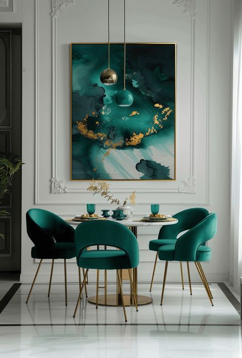 38 Important Art Deco Dining Room Design Ideas You Need To Know - Edward George Emerald Green Living Room, Art Deco Dining Room, Green Living Room Decor, Teal Living Rooms, Bedroom Color Combination, Art Deco Dining, Gold Living Room, Living Room Green, Salon Decor