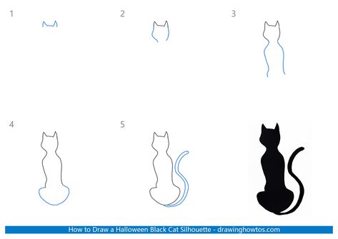 How to Draw a Halloween Black Cat Silhouette - Step by Step Easy Drawing Guides - Drawing Howtos How To Draw A Halloween Cat, Halloween Cat Drawing Easy, How To Draw A Black Cat, Black Cat Painting Easy, Black Cat Drawing Simple, Haunted Paintings, Drawing Black Cat, Bujo Themes, Draw Cat