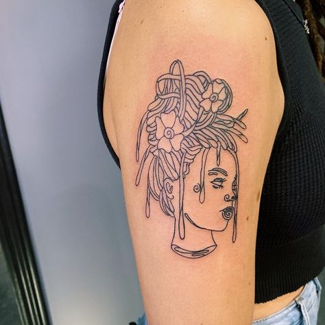 #BeeyondInk on Instagram: “Custom woman with locs design 💉🤩” Loc Tattoo Design, Tattoo Of Black Woman With Locs, Women With Locs Tattoos, Locs Tattoos Ideas, Woman With Locs Tattoo, Loc Tattoos For Women, Loc Tattoos, Locs And Tattoos, Hair Tattoo Designs Women