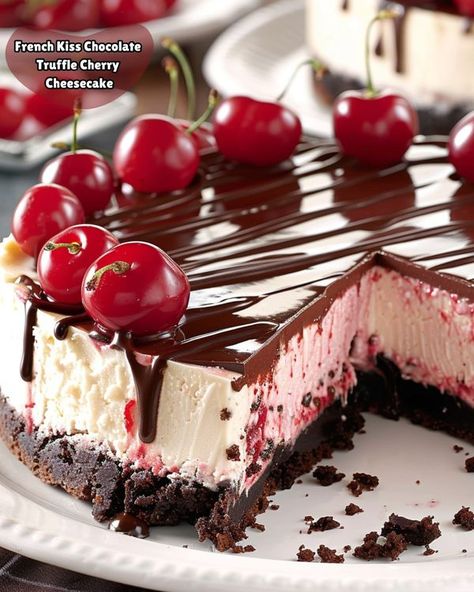 Daily Recipes With Casey | 🍫🍒 French Kiss Chocolate Truffle Cherry Cheesecake 🍒🍫 | Facebook Cherry Cordial Cheesecake, Cherry Chocolate Cheesecake Recipes, Chocolate Cherry Cheesecake, Chocolate Cheesecake Recipes, Dark Chocolate Ganache, Cheesecake Mousse, Berry Cheesecake, Cherry Cheesecake, Chocolate Truffle