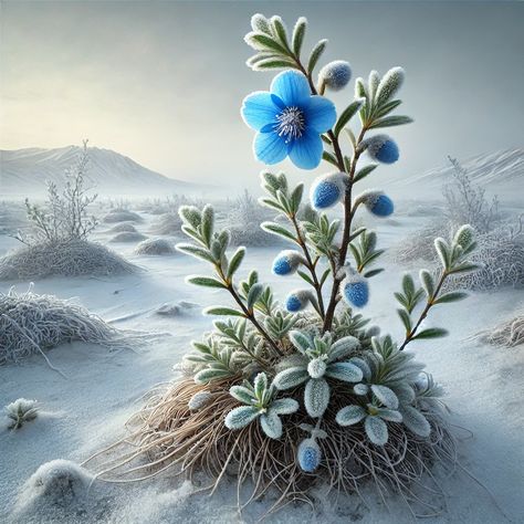 Witness the rare Arctic Willow in full bloom, showcasing its striking blue flower amidst a serene winter landscape. This hardy plant thrives in the cold, bringing a splash of vibrant color to the frosty surroundings. Discover the resilience and beauty of nature in the harshest climates. #Arctic #Willow #Plant #WinterFlora  #NatureWonder #worldbuilding #fantasyflora Arctic Plants, Willow Plant, Hardy Plants, Plant Species, In Full Bloom, Winter Landscape, Blue Flower, Blue Flowers, Natural Beauty