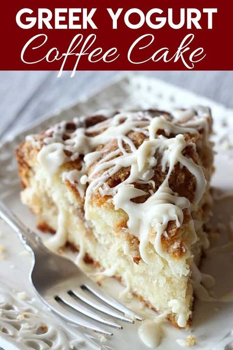 This is a moist and delicious coffee cake recipe made with Greek yogurt. It’s sprinkled with a crumbly streusel topping than drizzled with a sweet vanilla glaze. Makes a perfect sweet treat in the morning or anytime! #greekyogurt #coffeecake Greek Yogurt Coffee Cake, Yogurt Coffee Cake, Yogurt Coffee, Greek Yogurt Recipes, Torte Cupcake, Vanilla Glaze, Delicious Coffee, Coffee Cake Recipes, Yogurt Recipes