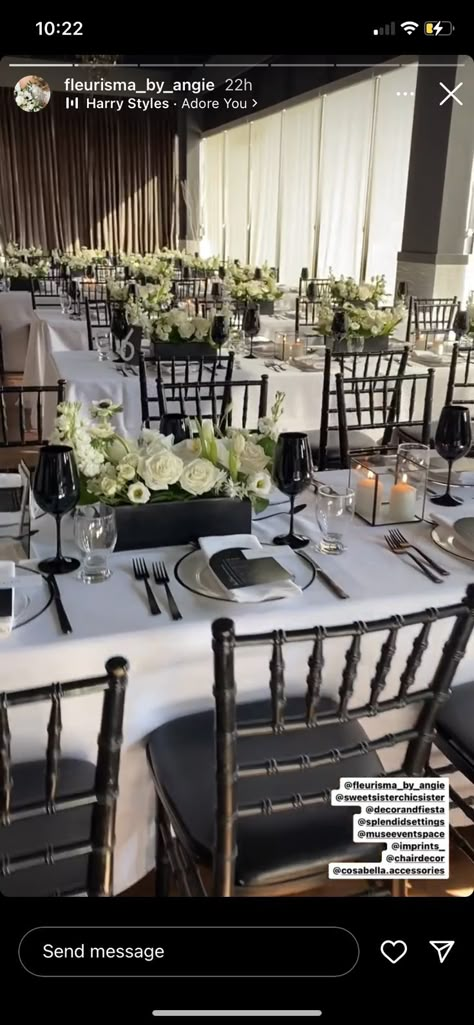 Black Gazebo, White Wedding Table Decor, Wedding Mantle, Long Table Centerpieces, White Wedding Centerpieces, Long Table Wedding, White Wedding Ceremony, Black And White Wedding Theme, White Wedding Theme