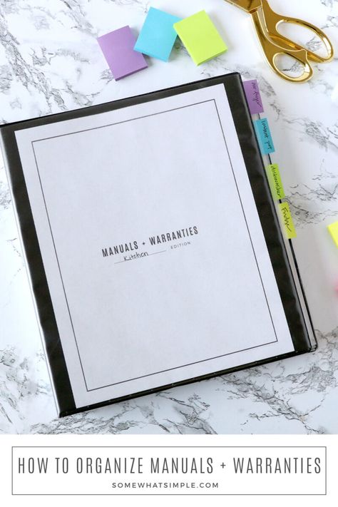 How to organize manuals and warranty information with a notebook system that's easy, quick, and affordable, too! via @somewhatsimple Homework Caddy, Binder Labels, Simple Notebook, Binder Printables, Sheet Protector, Fun Organization, Paper Clutter, Creative Organization, Linen Closet Organization