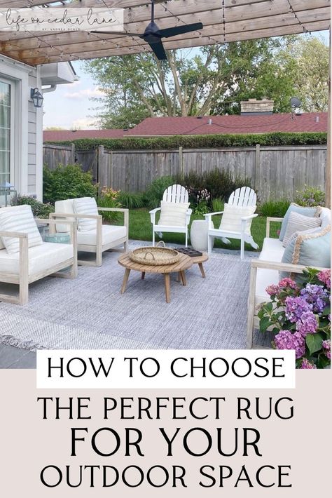 Transform your patio with our guide on How to Choose an Outdoor Rug for Your Patio. Discover the benefits of Natural fiber outdoor rugs and how they can enhance your space. Our blog post includes helpful Outdoor rug placement ideas and creative Patio Decor Ideas to make your outdoor area stylish and comfortable. Outdoor Deck Rugs, Outdoor Area Rugs Patio, Life On Cedar Lane, Round Patio Table, Patio Decor Ideas, Outdoor Covered Patio, Rug Placement, Bluestone Patio, Outdoor Patio Space