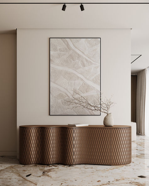 We love this stunning shot of our Orchard Credenza!   To view this piece and more visit our website linked below. Credenza Styling, Credenza Decor, Minimal Home Decor, Credenza Sideboard, Minimal Home, Hand Crafted Furniture, Furniture Companies, Kitchen Living Room, Home Decor Kitchen