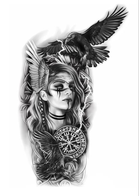 Western Coverup Tattoos, Norse Sleeve Tattoo Women, Nordic Women Tattoo, Female Viking Tattoo Ideas, Shieldmaiden Tattoo For Women, Hel Norse Goddess Tattoo, Viking Warrior Tattoos For Women, Viking Lady Tattoo, Viking Queen Tattoo