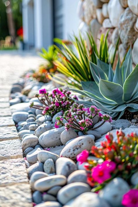 Rock Landscaping Ideas for Your Front Yard Landscape Ideas With Rocks, Small Garden Rockery, Rock Front Yard Landscaping, Rock Front Yard, Rock Flower Beds, Front Of House Landscape Ideas, House Landscape Ideas, Rock Yard, Landscaping Ideas With Rocks