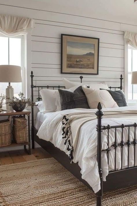 French Countryside Bedroom, Welcome To Our Nest, Black Iron Beds, Vintage Farmhouse Bedroom, Farmhouse Guest Bedroom, Black Metal Bed, Farmhouse Bedroom Ideas, Wrought Iron Bed, Cute Bedroom