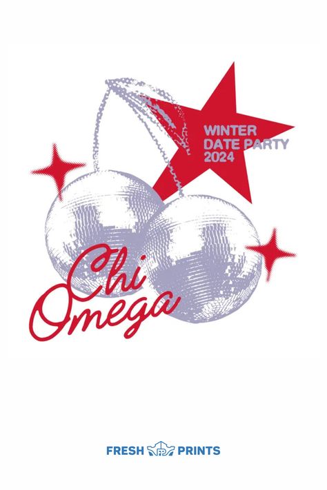 Customize cute, trendy, and affordable merch for your organization with Fresh Prints! Chi Omega, Chi O, XO, chi omega sorority, disco graphic, winter date party, date party merch, date party disco, theme, Sorority merch, merch inspo, merch ideas, unique merch, cute merch, trendy merch, sorority merch ideas, sorority apparel, custom greek life apparel, custom sorority merch, sorority graphic, sorority graphic inspo, sorority instagram, sorority design, sorority merch design, sorority design inspo Cherry On Top Sorority Theme, Sorority Date Party Shirts, Alpha Chi Omega Wallpaper, Sorority Cob Graphic, Bow Graphic Design, Sorority Merch Designs, Moms Day Sorority, Date Party Themes Sorority, Sorority Formal Themes