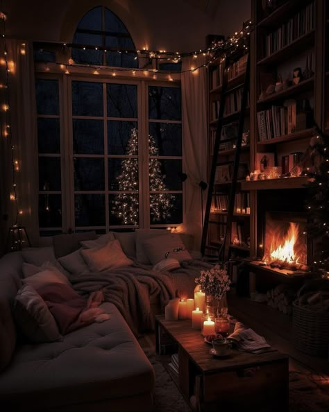 via interioryesplz instagram Cozy Library, Christmas Cozy, Cosy Bedroom, Christmas Interiors, Hygge Home, Christmas Room, Cozy Fireplace, Cozy Apartment, Living Room With Fireplace