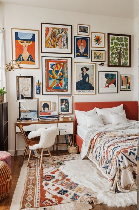 Headboard Wall With Window, Eclectic Apartment Bedroom, Gallery Above Bed, Bed Gallery Wall, Edit Suite, Sleepy Bedroom, Eclectic Design Style, Orange Chairs, Eclectic Decor Bedroom