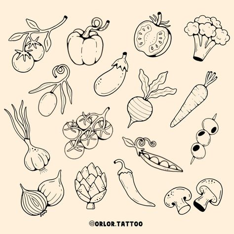 Fruit And Veggie Tattoo, Food Flash Tattoo, Tiny Food Tattoos, Fun Flash Tattoo, Vegetable Tattoo Ideas, Simple Fruit Tattoo, Produce Tattoo, Kitchen Tattoo Ideas, Easy Flash Tattoo