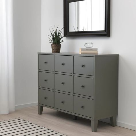 BRYGGJA 9-drawer chest - dark gray - IKEA Dark Gray Bedroom, Grey Bedroom Furniture, 9 Drawer Dresser, Grey Bedroom, Ikea Pax, Ikea Family, Blonde Brunette, Gray Bedroom, Drawer Unit