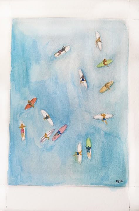 Watercolor Surfboard Art, Surfboard Watercolor Paintings, Watercolor Surf Art, Summer Watercolour Painting, Cottage Painting Ideas, Hawaii Watercolor Paintings, Surfing Watercolor Paintings, What To Watercolor Paint, Surf Painting Ideas