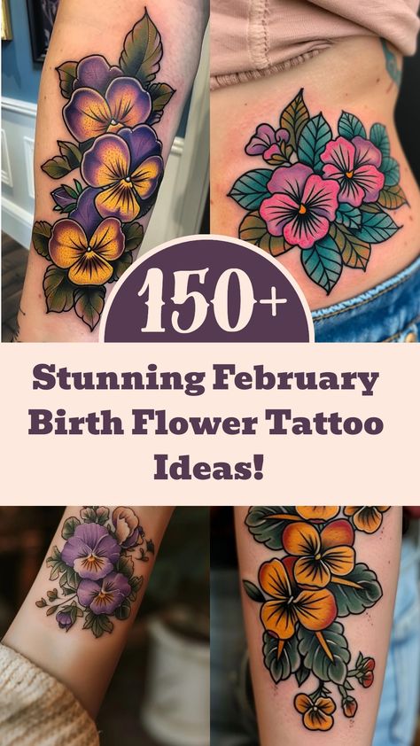 Discover beautiful February Birth Flower tattoo ideas featuring the lovely Violet and Primrose flowers. Whether you're looking for a small, traditional design or a colorful sleeve, these floral tattoos are perfect for expressing your February birth month pride. Find inspiration for your next tattoo with these unique Violet and Primrose tattoo designs that cater to various styles from neo-traditional to thigh placements. Embrace the beauty of nature with these charming floral tattoos that symboli February Flower Bouquet Tattoo, February And October Birth Flower Tattoo, February Birth Flower Tattoo Ideas, February Birth Flower Tattoos, Flower Tattoos February, Birth Flowers February, Poppy Tattoos For Women, Birthflower February Tattoo, Primrose Tattoo Design