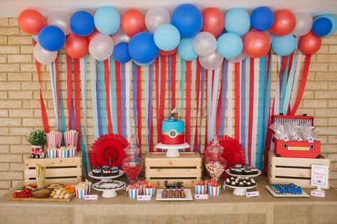 Matthew's Retro Railroad 2nd birthday party | CatchMyParty.com Train Second Birthday Party, Train Birthday Party Backdrop, Train Second Birthday, Train Two Year Old Party, Railroad Birthday Party, 2nd Bday Train Theme, Train Birthday Party Decorations, Thomas Train Birthday, Train Theme Birthday Party