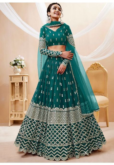 Peacock Green Embroidered Georgette Lehenga Choli Navy Blue Lehenga, Green Lehenga Choli, Lehenga Bridesmaid, Indian Wedding Lehenga, Bridesmaid Lehenga, Modest Evening Dress, Black Lehenga, Georgette Lehenga, Indian Lehenga Choli