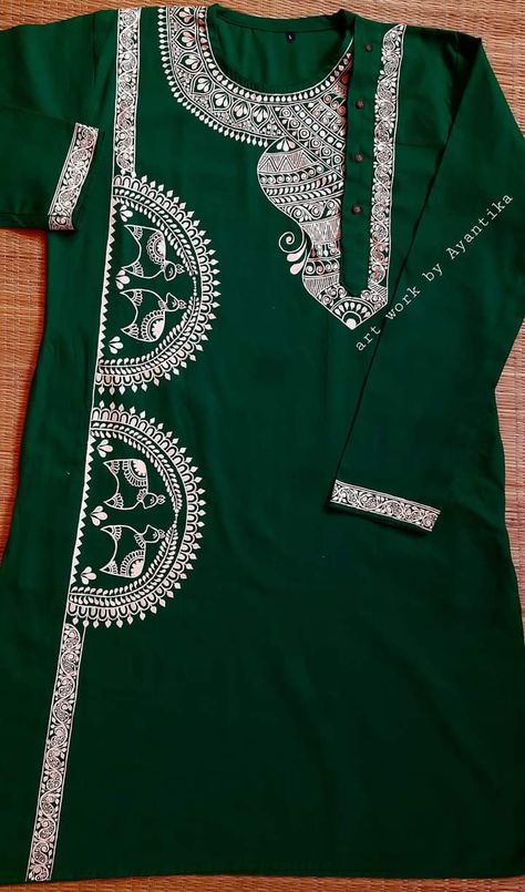 Panjabi Collar Design, Fabric Work On Punjabi, Kolka Design On Punjabi, Panjabi Handpaint Design, Panjabi Painting Design For Men, Kurta Fabric Painting, Febric Penting Design Panjabi, Punjabi Fabric Design For Men, Kolka Design Drawing