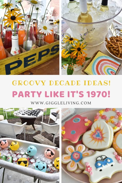 Lets Get Groovy Party, 60s Party Food Ideas, 60s And 70s Party Ideas, 1970 Party Ideas, 70s Theme Food Ideas, Groovy Party Appetizers, 70s Party Desserts, 70s Inspired Party Decor, 70s Theme Parties