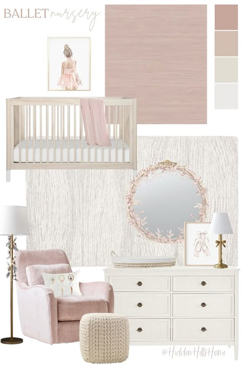 Baby Girl Nursery Blush Pink, Vintage Pink Nursery Ideas, Pink Baby Nursery Ideas, Nursery Room Inspiration Pink, Glam Nursery Ideas, Girl Themed Nursery, Girly Nursery Ideas Pink, Blush Nursery Ideas, Ballet Themed Nursery