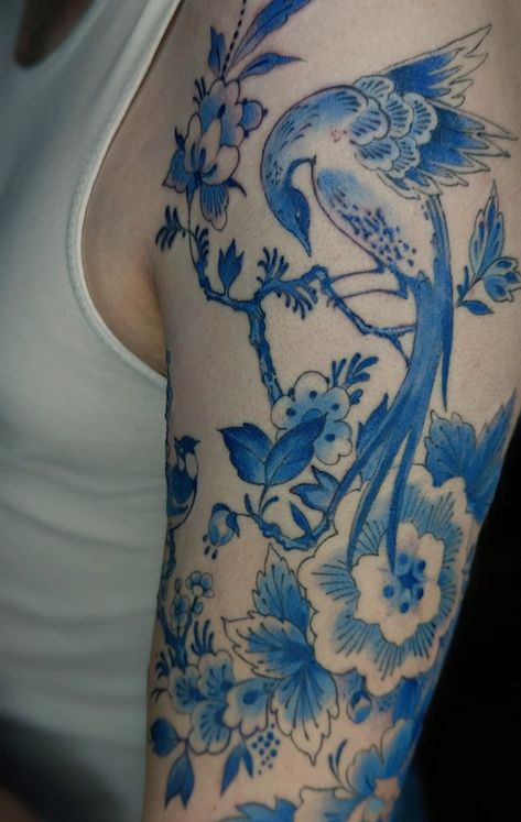 Blue Porcelain Tattoo Sleeve, Porcelain Tattoo Sleeve, Blue Porcelain Tattoo, Porcelain Tattoo, Blue Tattoos, Blue Flower Tattoos, Blue Ink Tattoos, Koi Tattoo Design, Green Tattoos