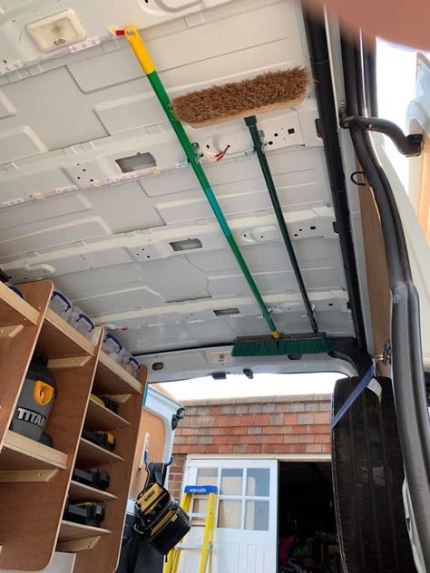 Diy Work Van Storage Ideas, Work Van Storage, Van Storage Ideas Tools, Work Van Organization, Work Van Organization Ideas, Work Van Storage Ideas, Trailer Shelving, Work Truck Organization, Work Truck Storage