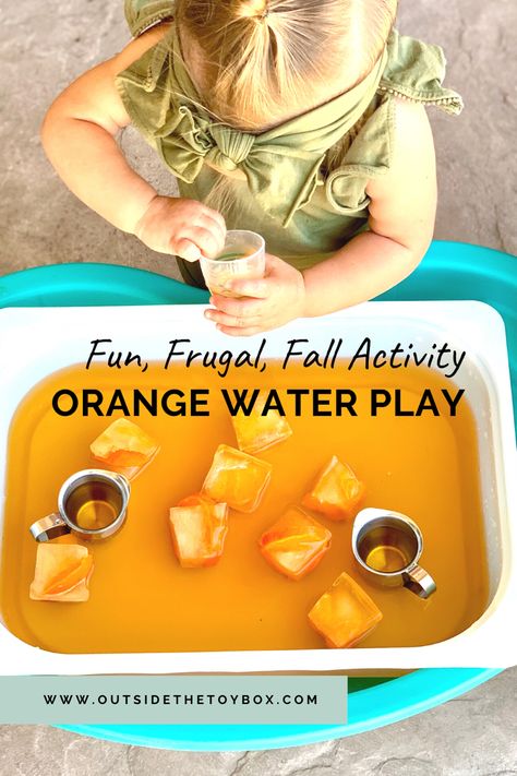 Might be Fall, but it’s still warm here in Las Vegas, so water play it is! Frozen orange water play is a great sensory activity that’s also edible making it perfect for babies, toddlers, or preschoolers. The frozen oranges are perfect for a teething toddler. The full blog post has more fun, easy, and cheap activities for Fall. Autumn Sensory Bin, Water Play Ideas, Edible Sensory Play, Sensory Bin Ideas, Fall Sensory Bin, Fall Activities For Toddlers, Orange Food Coloring, Pumpkin Activities, Orange Water