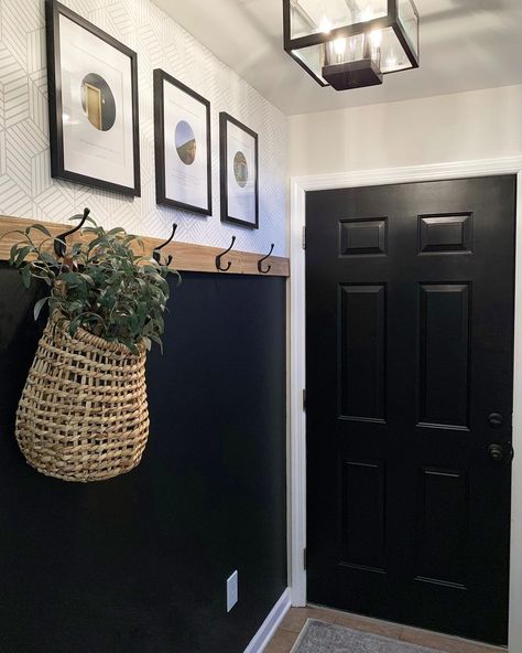 Black Shiplap Wainscoting, Black Shiplap Entry Wall, Diy Entry Way Coat Rack Wall, Black Accent Entryway, Black Accent Entry Wall, Black Accent Wall Mudroom, Black Accent Wall With Wallpaper, Black Wall Coat Rack, Wall By Front Door Decor