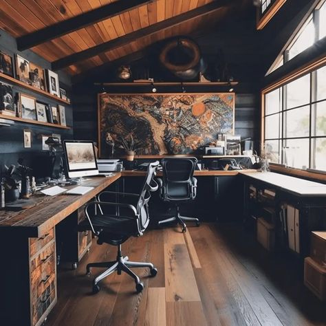 Home Office And Workshop, Mens Home Design, Rugged Home Decor, Small Office With No Windows, Mans Study Room, Camp Office Ideas, Industrial Office Aesthetic, Rustic Study Room Ideas, Woodsy Office Ideas