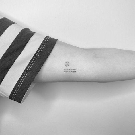 Sun And Wave Tattoo, Wave Tattoos, Side Arm Tattoos, Wave Tattoo, Sun Tattoos, Minimalist Line Art, Waves Tattoo, Tattoos Gallery, Little Tattoos