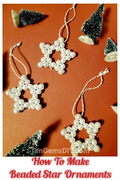 Wood Bead Star Ornament, Diy Beaded Star Ornament, Bead Xmas Ornaments, Beaded Star Pattern, Xmas Beads Diy Christmas, Easy Beaded Ornaments Diy, Chrismon Ornaments Diy, Bead Star Ornaments Diy, Beaded Christmas Star Ornaments