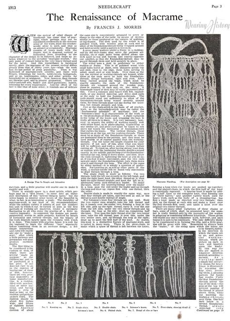 1913- The Renaissance of Macrame- Free Handbag Pattern – Wearing History® Blog Vintage Macrame Patterns, Crochet Needles, Handbag Pattern, Wood Polish, Wooden Pegs, Macrame Projects, Double Chain, Macrame Patterns, The Craft