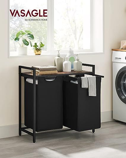 VASAGLE Laundry Hamper, Laundry Basket, Laundry Sorter with 2 Pull-Out and Removable Bags, Shelf, Metal Frame, 2 x 12.1 Gallons (46L), 28.8 x 13 x 28.4 Inches, Rustic Brown and Black UBLH201B01 Laundry Room Ideas Decor, Modern Laundry Basket, Double Laundry Hamper, Modern Laundry, Laundry Basket Organization, Laundry Center, Laundry Sorter, Mdf Panel, Bathroom Laundry Room