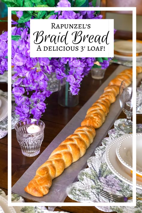 Hosting a Disney-inspired party? Bake my three-foot-long Rapunzel Braid Bread, inspired by Tangled! Rapunzel Charcuterie Board, Tangled Themed Food Ideas, Rapunzel Tea Party, Rapunzel Bridal Shower Ideas, Tangled Bridal Shower Ideas, Tangled Theme Food, Tangled Inspired Food, Rapunzel Aesthetic Party, Tangled Party Games