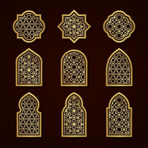 Set of gold arabic ornamental windows Pr... | Premium Vector #Freepik #vector #pattern #frame #islamic #ornament Islamic Arabesque Pattern, Mashrabiya Pattern, Dekorasi Maroko, Muslim Prayer Room Ideas, Islamic Design Pattern, Arabian Decor, Prayer Room Ideas, Motif Arabesque, Geometric Pattern Background