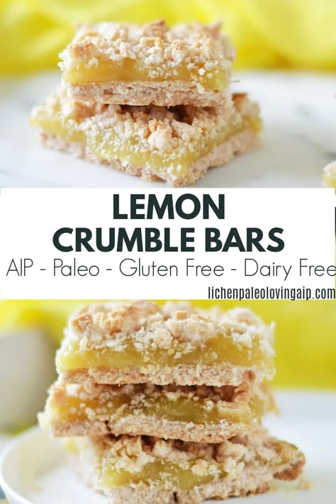 These lemon crumble bars are the perfect tart and sweet dessert. They’re also completely AIP, paleo, gluten, dairy, and egg free! Aip Baked Goods, Aip Cake Recipes, Lemon Crumble Bars, Aip Lunch, Aip Paleo Desserts, Aip Cookies, Lemon Crumble, Autoimmune Diet Recipes, Aip Baking