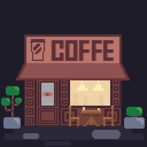 Coffee Shop Pixel Art, Art Models, Easy Pixel Art, Coffee Logo, Vintage Cafe, School Building, Shop Front, Cafe Shop, Rpg Games