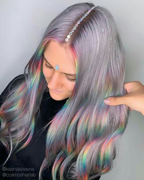 Prism Hair, Unicorn With Rainbow, Brown Hair Inspiration, Holographic Hair, Best Hair Dye, Pretty Rainbow, Diy Hair Color, Rainbow Hair Color, Creative Hair Color