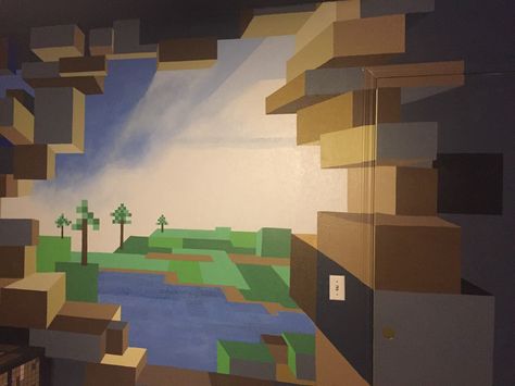 Minecraft mural Bedroom Decor Minecraft, Minecraft Mural, Boy Nurseries Ideas, Name Mural, Deco Minecraft, Minecraft Irl, Computer Room Ideas, Bedroom Minecraft, Painting Minecraft