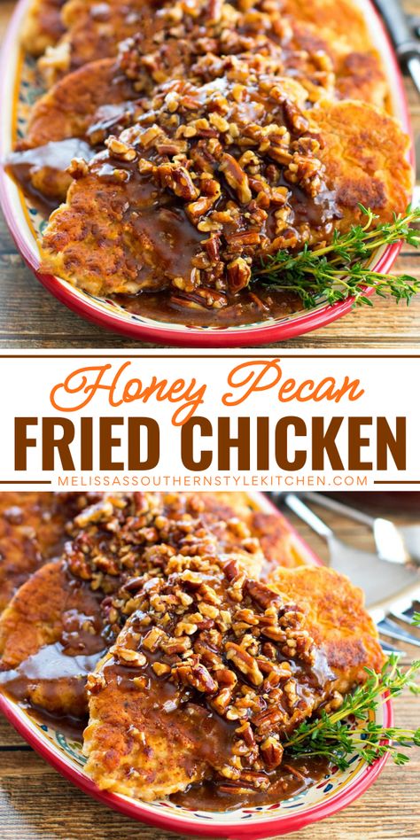 Looking for chicken dinner recipes? Make this Honey Pecan Fried Chicken that's perfect for date night or entertaining friends. Make this delicious Honey Pecan Glazed Fried Chicken for a special weeknight dinner for the family! Pioneer Woman Honey Pecan Chicken Strips, Pecan Glaze Recipe, Glazed Fried Chicken, Honey Pecan Chicken, Honey Fried Chicken, Pecan Crusted Chicken, Pecan Sauce, Pecan Chicken, Chicken Ideas