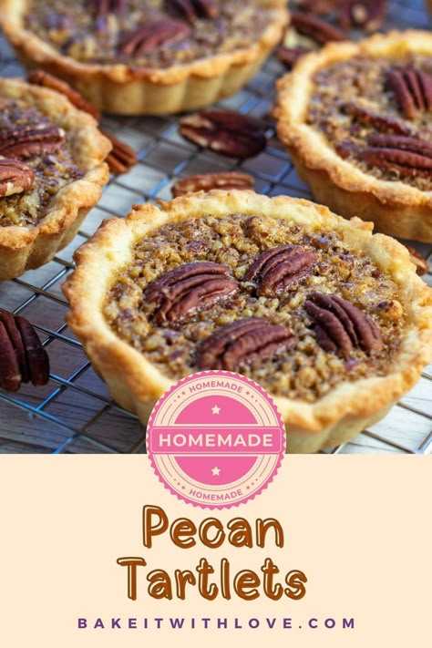 A close-up on rows of mini pecan tartlets. Easy Mini Pecan Pie Tarts, Tenderflake Tart Shell Recipes, Thanksgiving Tart Recipes, Pecan Tarts Recipe Easy, Pecan Tartlets Recipe, Pecan Pie Tarts Recipe, Tarts Recipe Dessert, Pecan Tartlets, Tart Dough Recipe