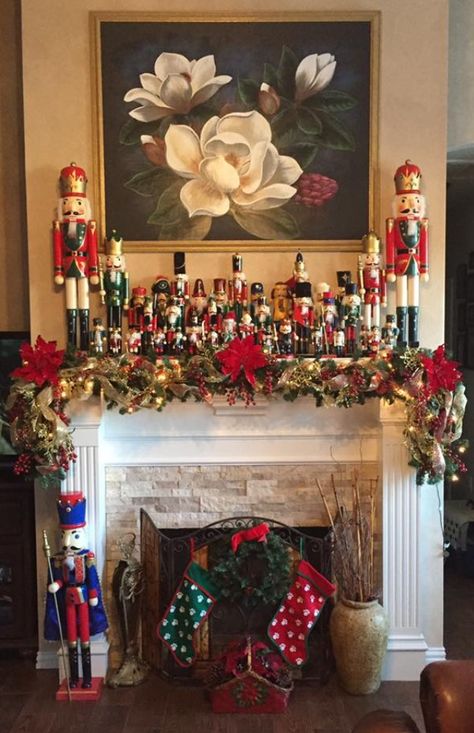 Nutcracker mantel for Christmas Nutcracker On Mantle, Nutcracker Fireplace Decor, Nutcracker Christmas Display, Nutcracker Mantel Ideas, Nutcracker Collection Display, Christmas Nutcracker Display, Nutcracker Mantle Display, How To Display Nutcracker Collection, Decorating With Nutcrackers Christmas