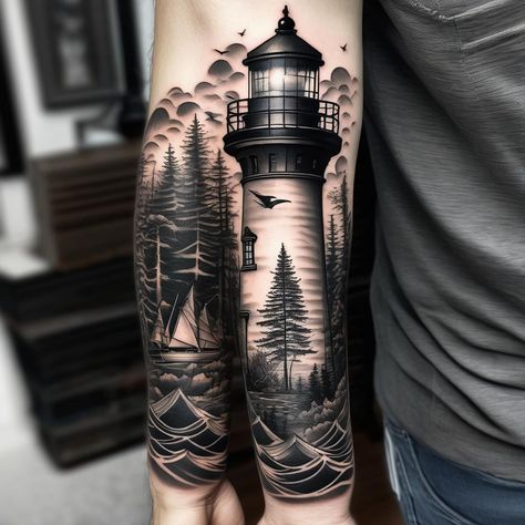 Lighthouse Tattoo Men, Ocean Tattoo Sleeve, Tattoo Men Sleeve, Ocean Tattoo, Tattoos Arm, Lighthouse Tattoo, Men Tattoos Arm Sleeve, Quality Tattoo, Men Tattoos