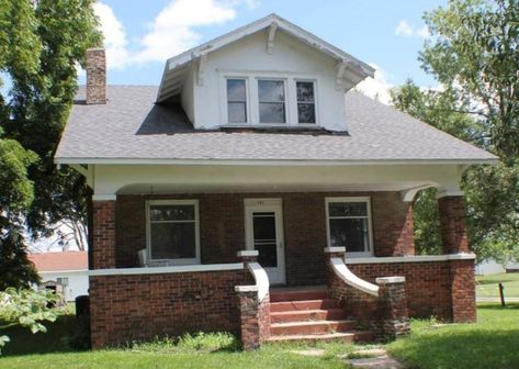 Brick Bungalow Exterior, Craftmans House, Two Story Bungalow, Story Frame, Cheap Old Houses, Brick Bungalow, Small Town Living, Pool Halls, Bungalow Exterior