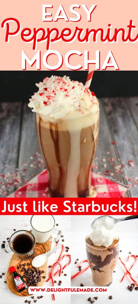 Do you love Starbucks Peppermint Mocha, but not waiting in line or the price tag? This post will show you how to make a peppermint mocha at home using 5 simple ingredients. Nespresso Recipes Peppermint Mocha, Peppermint Frappe Starbucks, How To Make A Peppermint Mocha, How To Make Peppermint Mocha At Home, Starbucks Peppermint Mocha Recipe, Mocha Syrup Recipe, Coffee Copycat Recipes, Peppermint Mocha Starbucks, Mocha At Home