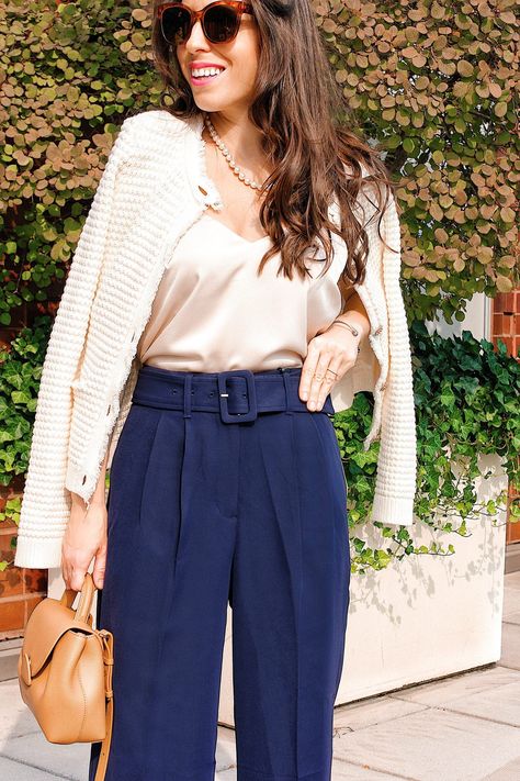 Elegant Cropped Fall Cardigan, Business Casual High-waisted Wide Leg Pants With Button Closure, Chic Button-up Fine Knit Cardigan, Science Conference, Sezane Betty Cardigan Outfit, Chic V-neck Cardigan With Button Cuffs, Embellished Buttons, Brown Accessories, Fringe Sweater