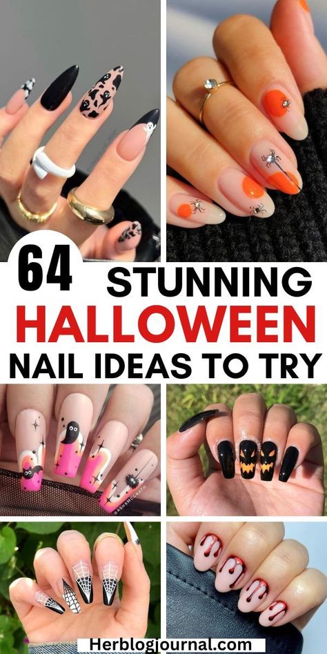 halloween nail designs and nail art ideas Spooky Acrylic Nails, October Nails Short, October Nail Designs, Easy Halloween Nail Designs, Nails For Autumn, Fall Nail Color Ideas, Halloween Nails Simple, Nail Designs Trends, Halloween Nail Art Designs