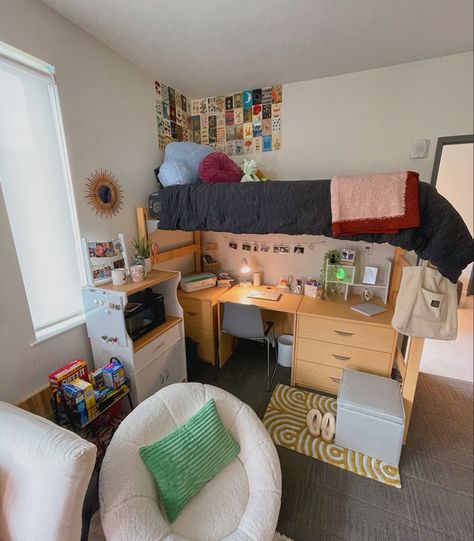 Dorm Top Bunk Ideas, Olivet Nazarene University Dorms, Dorm Room Ideas Cute, Dorm Room With Desk Under Bed, Dorm Pantry Ideas, Dorm Room With Futon, Desk Under Bed Dorm, Lofted Bed Dorm Room Ideas, Dorm Room Ideas Lofted Bed